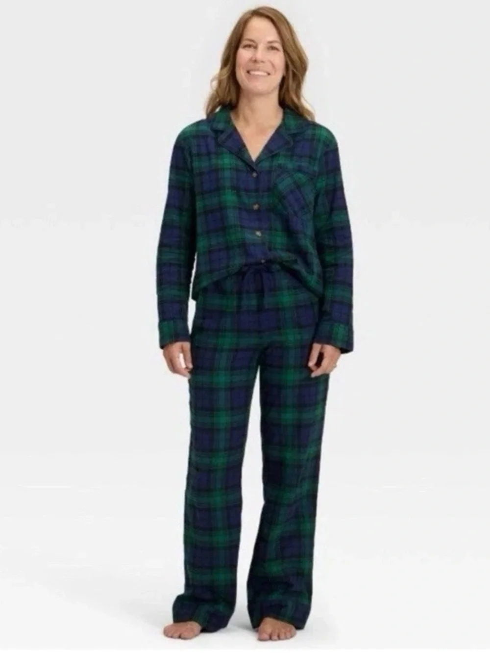 NWT Womens Plaid Flannel Long sleeve Button Shirt Pants Pajama Set Navy Large